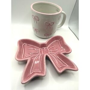 Pink Bow Ceramic Mug and Bow Shaped Trinket Dish Set White Coquette Aesthetic